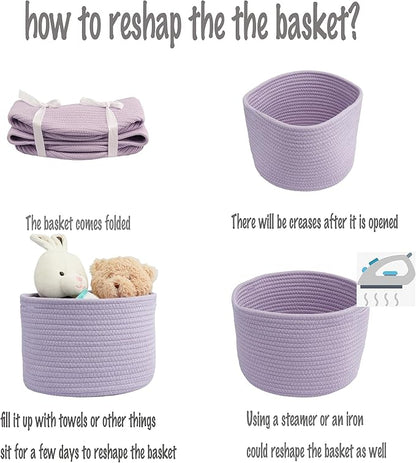 XUANGUO Small round Storage Basket - 3-Pack Round Cube Bins (10x10x7'') for Shelves, Closets & Bookcases | Durable Rope Organizers for Nursery, Baby, Toys, Easter & More (purple)
