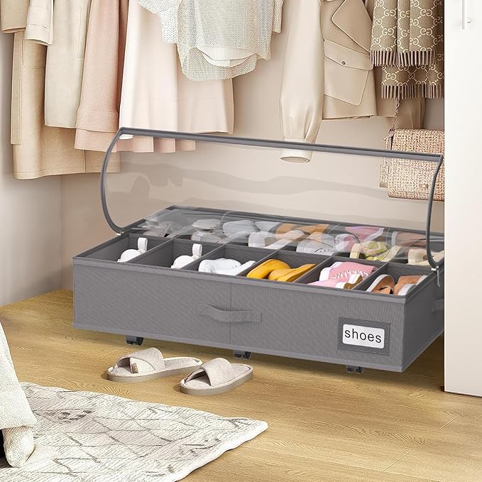 homyfort Under Bed Shoe Storage with Wheels, Fits 24 Pairs, Rolling Shoe Organizer with Bottom Support & Clear Lids, Sturdy Under Bed Storage Box for Shoes, Set of 2, Grey