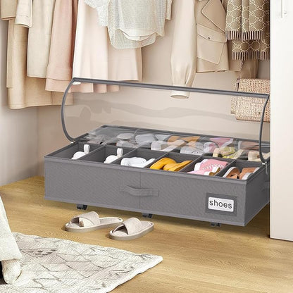 homyfort Under Bed Shoe Storage with Wheels, Fits 24 Pairs, Rolling Shoe Organizer with Bottom Support & Clear Lids, Sturdy Under Bed Storage Box for Shoes, Set of 2, Grey