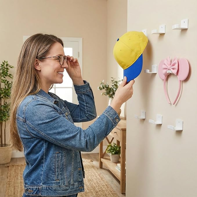FAYYGYH 24 Packs Wall Cap Hooks, Strong Adhesive Hat Rack, Stylish Home Decor, Two Installation Methods, Hat Display Organizer, Hat Organizer, Wall-Mounted Hat Rack, No Drilling Required (White)