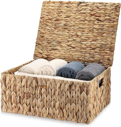 Hipiwe Handwoven Wicker Basket Natural Water Hyacinth Storage Bin with Lid Decorative Shelf Basket with Handles for Closet Living Room Bathroom, 17.0" L x 13.2" W x 7.0" H