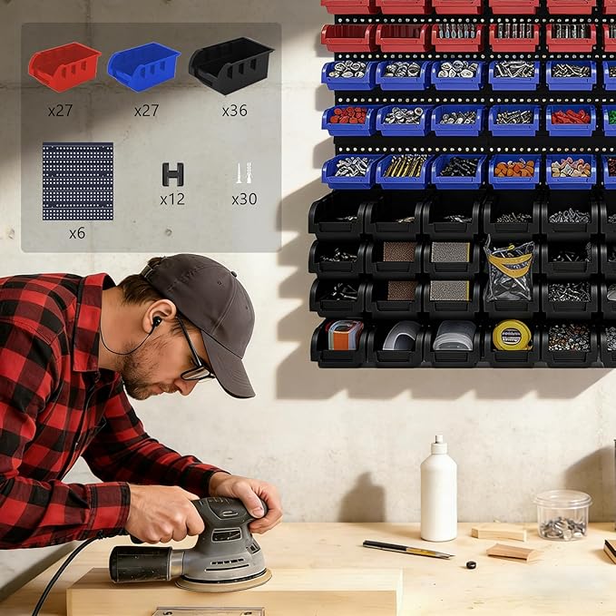 90Pcs Plastic Wall Mounted Storage Bins Parts Rack Nuts And Bolt Bins Organizer For Shop Garage for Screws, Nuts, Bolts, Nails, Beads, and Small Hardware Parts,Red,Blue,Black