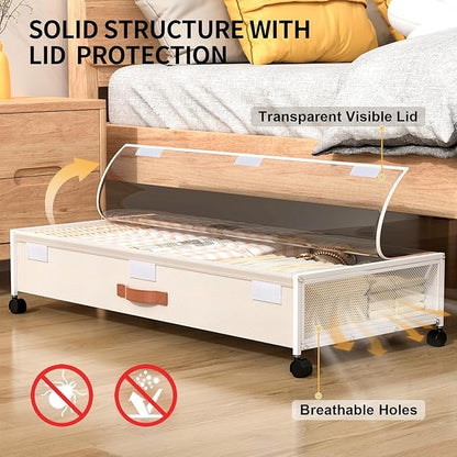 Under Bed Storage Containers with Wheels Large Underbed Shoes Blankets Clothes Toy Storage Drawers for College Dorms Bedrooms Nursery Rooms Organization (White 2 Pack, 7.5in height(36"x16.6"x7.48"))