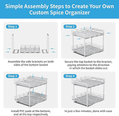 BOIVSHI Spice Rack Organizer, Heavy Duty Vertical Spice Rack Pull Out for Cabinet, 2 Tier Metal Spice Rack for Kitchen, Pantry, Easy to Install & Smooth Sliding, Chrome, 11”W x 10.5”D x 9.5”H