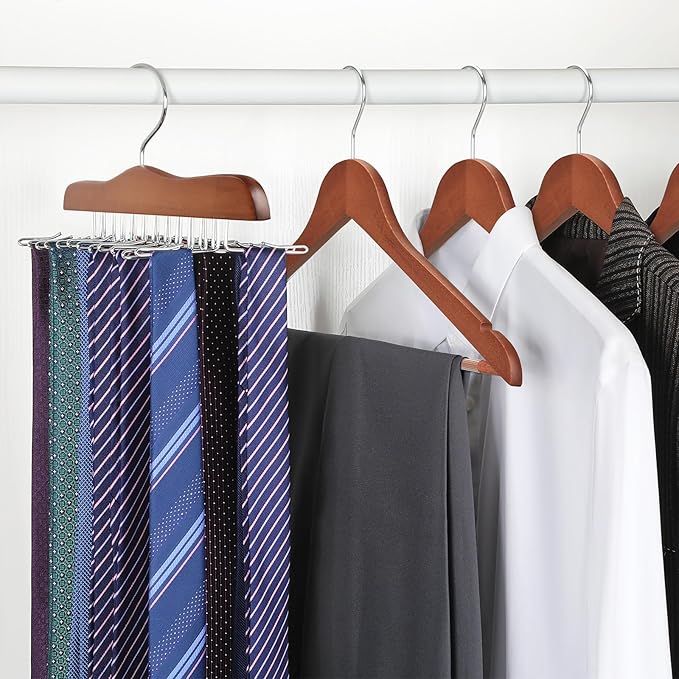 TOPIA HANGER Tie Rack Hanger for Closet, Wooden Tie Organizer for Men with 24 Folding Hooks, Space Saving Necktie Holder for Storage and Display Bra, Tank Top, Camisole (1-Pack), Walnut- CT14WA