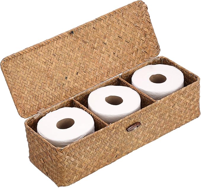 Hipiwe Handwoven Wicker Basket Box Rectangular Wardrobe Home Organizer with Lid 3 Sections Toilet Paper Holder Home Organizer for Tissue Snacks, Caramel