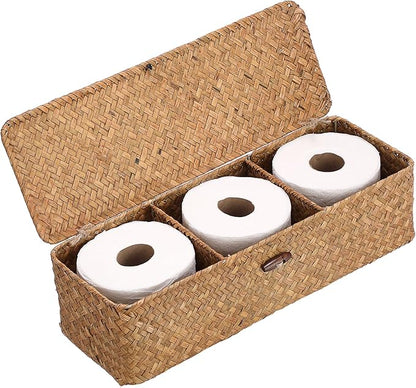 Hipiwe Handwoven Wicker Basket Box Rectangular Wardrobe Home Organizer with Lid 3 Sections Toilet Paper Holder Home Organizer for Tissue Snacks, Caramel