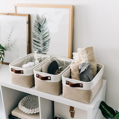 OrganiHaus 12x8in Canvas Storage Baskets 3 Pack | SMALL Fabric Bins for Shelves | Pantry & Bathroom Organizer | Beige/Off-White