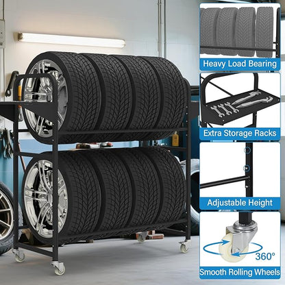 Tire Storage Rack 44" x 44" x 18" with Anti-Dust Cover, Rolling Adjustable Black Alloy Steel Tire Rack for Garage with 4 Swivel Casters & 2 Storage Shelves
