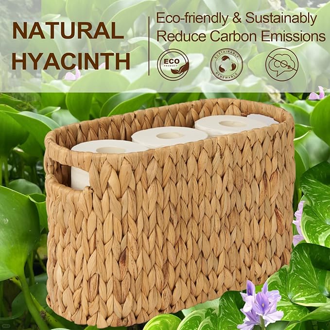 FairyHaus Wicker Toilet Paper Storage Basket with Buit-in Handles, 6 Rolls Natural Water Hyacinth Toilet Paper Holder Stand with Storage, Freestanding Handwoven Toilet Paper Holder Basket for Bathroom