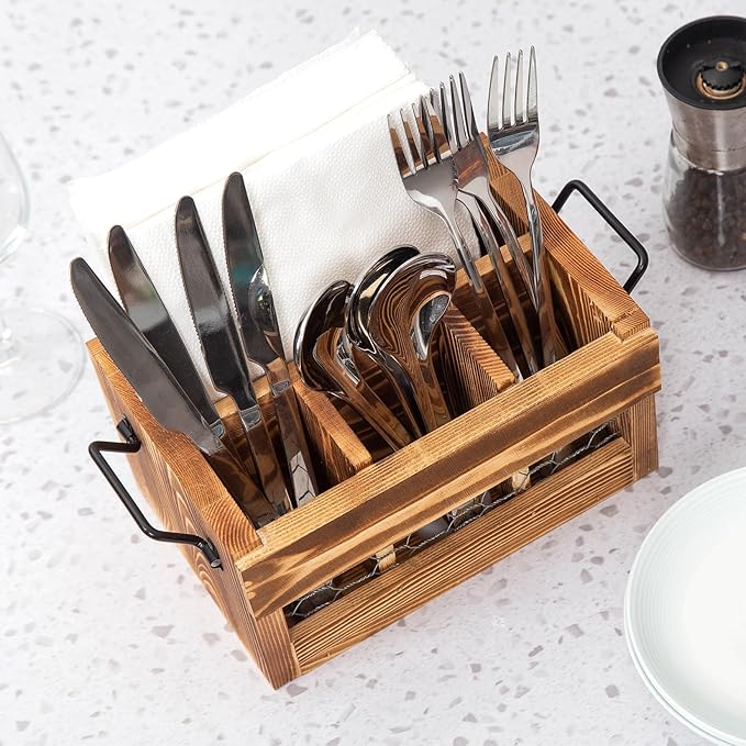 Rustic Weathered Brown Wood Utensil & Napkin Holder Black Metal Handles Chicken Wire Front Panel Kitchenware and Tableware Organizer Wooden Cutlery Storage Caddy Kitchen Dining Room Fork Spoon