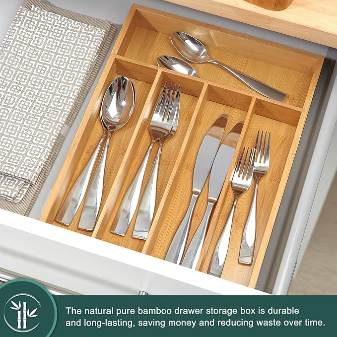 Silverware Drawer Storage, 5-Compartment Bamboo Cutlery Rack, Kitchen Cutlery Storage Box