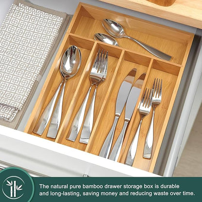 Silverware Drawer Storage, 5-Compartment Bamboo Cutlery Rack, Kitchen Cutlery Storage Box
