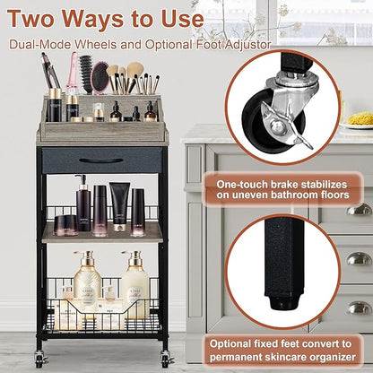 Makeup Organizer Cart Large, 2-in-1 Beauty Organizer with Wheels & Hair Tool Holder, Makeup Stand with Drawer, Vanity Storage Cosmetics Display Cases for Skin Care Nail Polish Perfume-Black