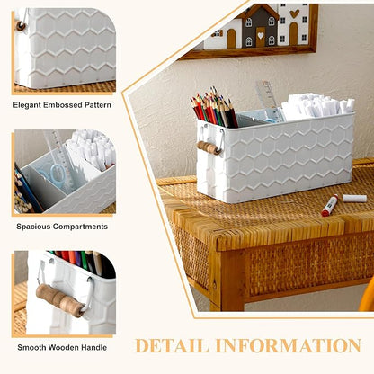 Silverware Caddy for Party Kitchen Flatware Holder for Countertop Metal White Honeycomb Pattern Embossed Cutlery Organizer with 3 Compartments for Utensils, Spoons, Knives, Forks, Cups,