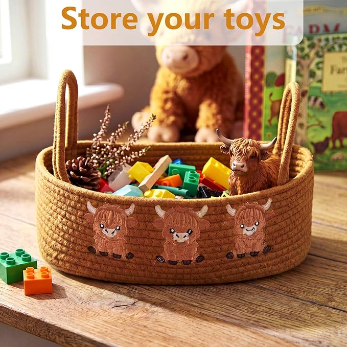 Vesici Highland Cow Storage Basket for Toilet Tank Top Farmhouse Woven Cotton Rope Bathroom Countertop Organizer Basket with Handle Highland Bathroom Decor for Christmas, 13 x 6 x 4 Inch