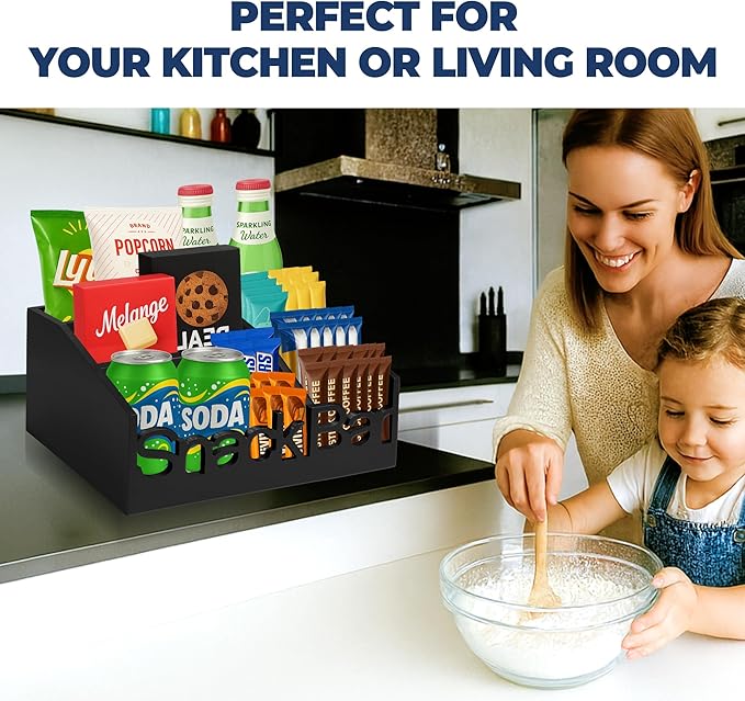 Snack Bar Organizer – Black 5 Compartment Station, Countertop Pantry Organizer for Kitchen, Office Food Holder, Candy Storage Bin, Display Stand, Cabinet Tray & Shelf