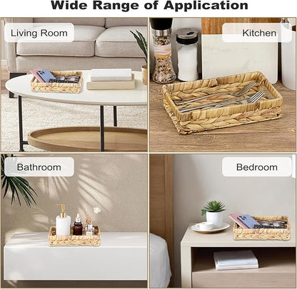 Bathroom Vanity Tray, Water Hyacinth Narrow Counter Tray with Handles, Decorative Woven Organizer Trays for Toilet Tank, Shelves, Farmhouse Hand Towels Basket Holder for Storage (Small)