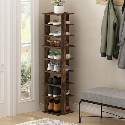 Furinno Compact Vertical Shoe Rack, 9-Tier Narrow Shoe Organizer, Free Standing Shoe Storage, Shoe Shelf for Boots, Sneakers, 12 x 12.6 x 51, for Closet, Entryway, Office, Garage, Amber Pine