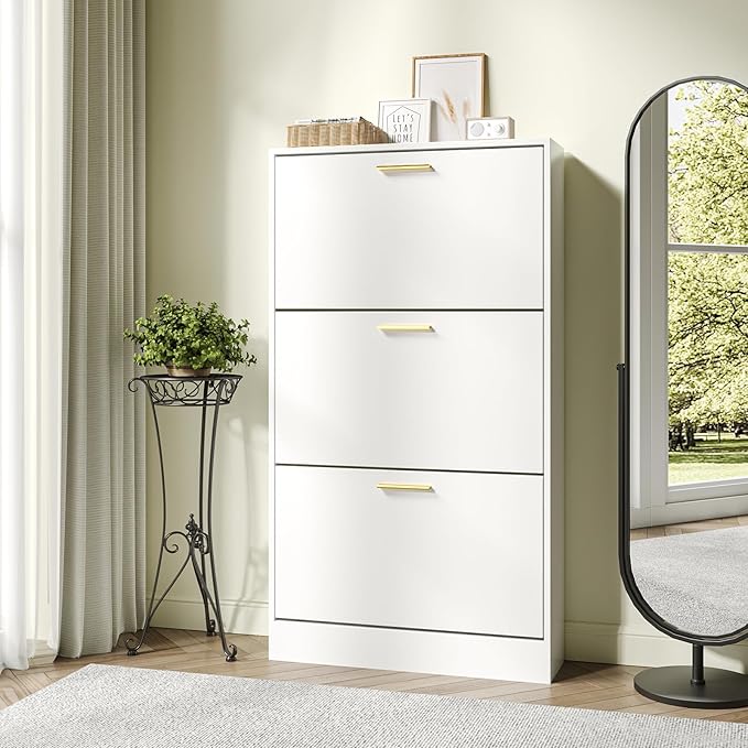 JOZZBY Shoe Storage Cabinet with 3 Flip Drawers, Freestanding Narrow Slim Shoe Organizer Cabinet Rack for Entryway Hallway, Living Room，White