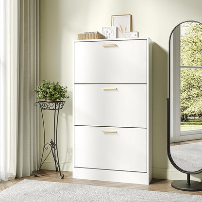 JOZZBY Shoe Storage Cabinet with 3 Flip Drawers, Freestanding Narrow Slim Shoe Organizer Cabinet Rack for Entryway Hallway, Living Room，White
