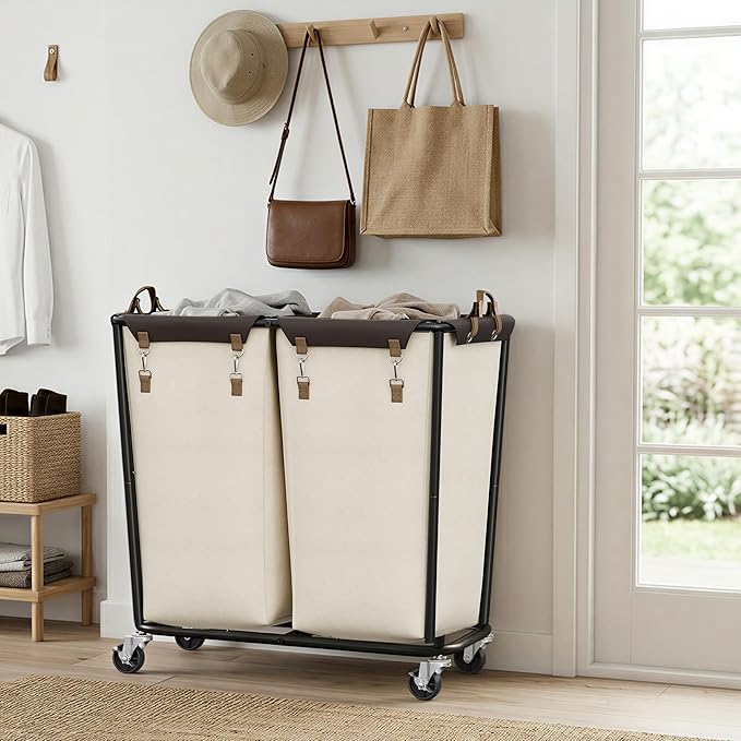 StorageWorks 330L Extra Large Laundry Hamper with Wheels, Laundry Basket with Wheels 2 Sections, Clothes Sorter Cart with Divider for Hotel, Home, Beige, 1-Pack