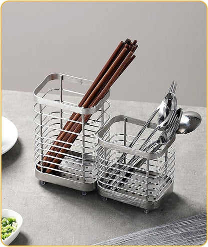 Stainless Steel Utensil Holder - Countertop Drying Caddy for Cutlery, Rust-Proof Organizer (Silver plus)