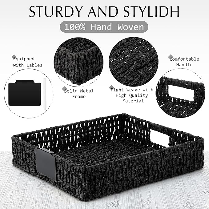 Marsui 9 Pcs Paper Rope Storage Baskets with Handle Labels Handwoven Multi-size Black Storage Bins for Organizing Small Baskets Container for Shelves Closet Pantry Toilet