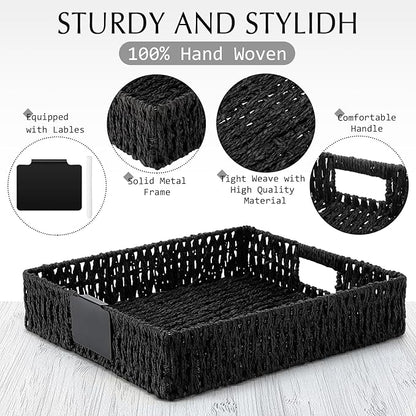 Marsui 9 Pcs Paper Rope Storage Baskets with Handle Labels Handwoven Multi-size Black Storage Bins for Organizing Small Baskets Container for Shelves Closet Pantry Toilet