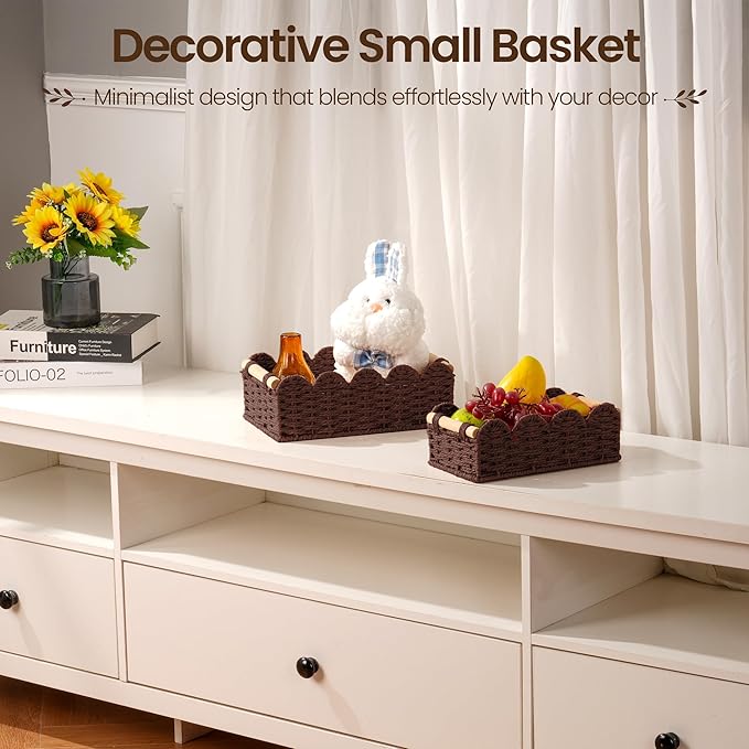 iEGrow Paper Rope Small Storage Baskets for Organizing, Set of 2 Scalloped Edge Wicker Basket with Wooden Handles Toilet Paper Basket for Over Toilet Storage Shelf, Home Decor, Living Room (Brown)