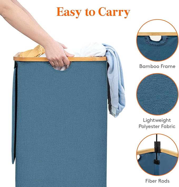 Lifewit 100L Laundry Basket with Lid, Clothes Hampers for Laundry with Bamboo Handles and 1 Removable Bag, Large Foldable Laundry Hamper for Bedroom, Bathroom, Dorm, Laundry Room, Dark Blue
