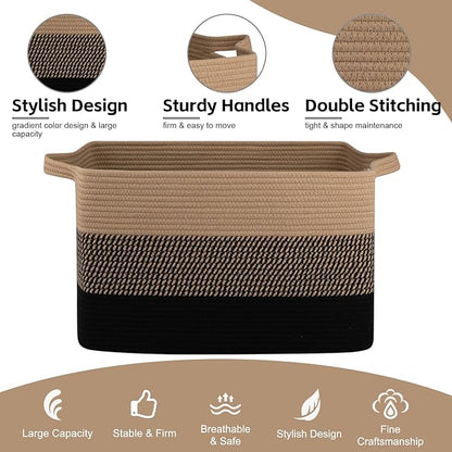 OIAHOMY Large Blanket Basket, 65L Cotton Rope Woven Laundry Basket, Toy Bin for Baby Room, Container for Blanket Storage in Living Room, 20''×16''×12'', Brown & Black
