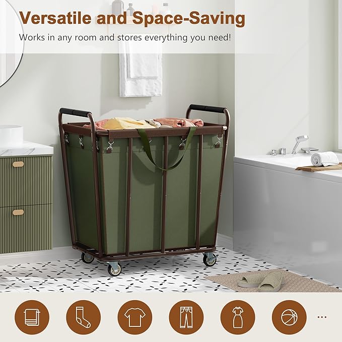 Hoctieon Large Laundry Cart with Wheels, 400L Heavy Duty Laundry Basket Organizer, Rolling Hamper Sorter for Clothes Storage, Industrial Dirty Clothes Hamper for Home & Hotel, Green+Brown