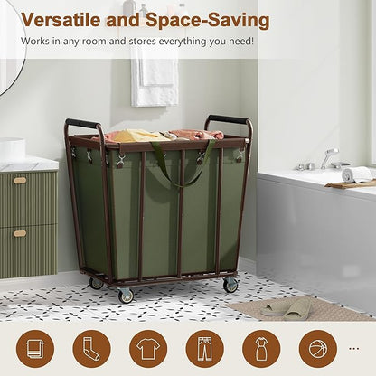 Hoctieon Large Laundry Cart with Wheels, 400L Heavy Duty Laundry Basket Organizer, Rolling Hamper Sorter for Clothes Storage, Industrial Dirty Clothes Hamper for Home & Hotel, Green+Brown