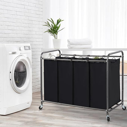 STORAGE MANIAC Laundry Sorter 4 Section, 47.8 Gal (181 L) Laundry Hamper with Wheels, Clothes Divider Basket Sorter, Clothes Separator Hamper Cart with Wheels and Removable Bags, Black