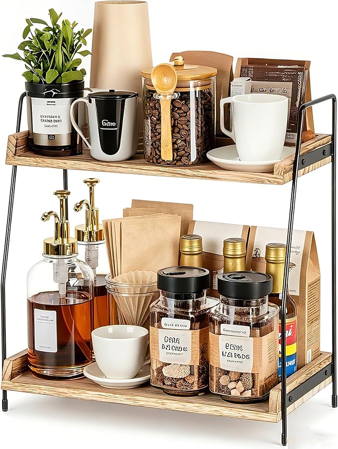 QUALLON Coffee Bar Accessories and Organizer, Coffee Station Organizer 2 Tier Bathroom Counter Organizer, Wood Coffee Tray, Bathroom Vanity Organizer, Countertop Shelf for Kitchen, Coffee Lover
