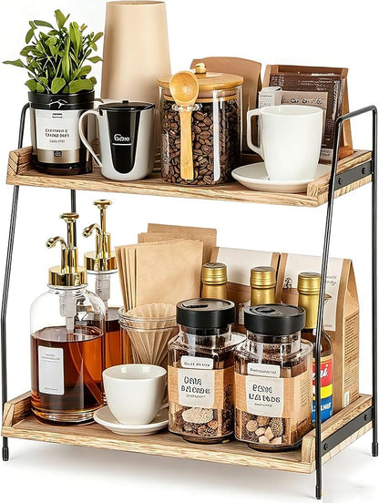 QUALLON Coffee Bar Accessories and Organizer, Coffee Station Organizer 2 Tier Bathroom Counter Organizer, Wood Coffee Tray, Bathroom Vanity Organizer, Countertop Shelf for Kitchen, Coffee Lover