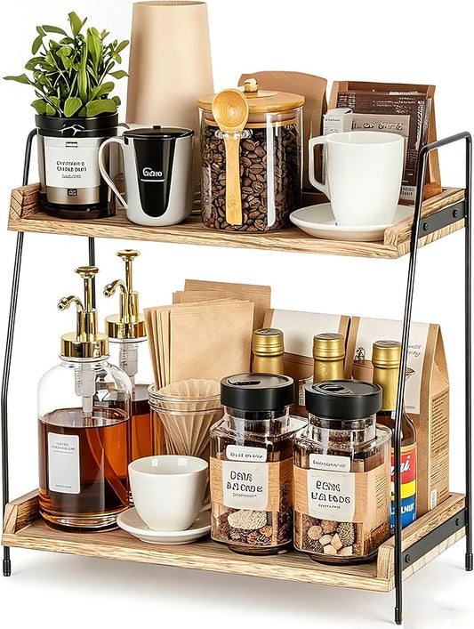 QUALLON Coffee Bar Accessories and Organizer, Coffee Station Organizer 2 Tier Bathroom Counter Organizer, Wood Coffee Tray, Bathroom Vanity Organizer, Countertop Shelf for Kitchen, Coffee Lover