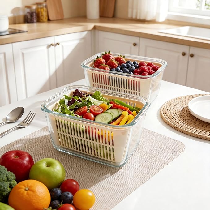 Urban Green Glass Food Storage Containers with Glass Lids, Microwave Safe Food Container Set, Aitight Meal Prep Container Set, BPA Free, 2 extra Colanders, LeakProof, 2 Pack of 60oz