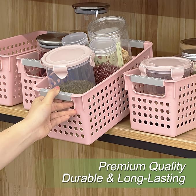 Soddeph 4 Pack Slim Plastic Storage Basket with Handles, Rectangular Storage Bins for Shelves,Narrow Organizer box for Organizing, Kitchen,Home,Office(Pink, Small)
