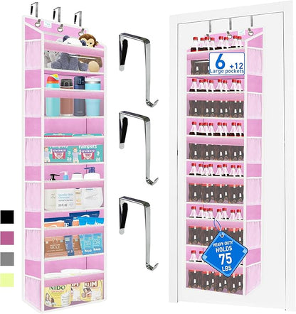 Over the Door Organizer Storage 6 Tier, 12 Large Capacity Side Pockets, Heavy Duty Metal Reinforced Hook Anti Tilt 75 LB Load Behind Door Storage for Bedroom Bathroom Pantry Nursery