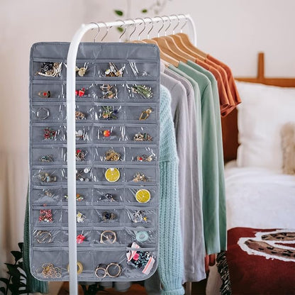 Bloss Hanging Jewelry Organizer With 80 Pockets Jewel Hanger For Jewelry Earring Storage Hanging Pocket Organizers Earring Holder Organizer for Mothers Day Gifts-Gray
