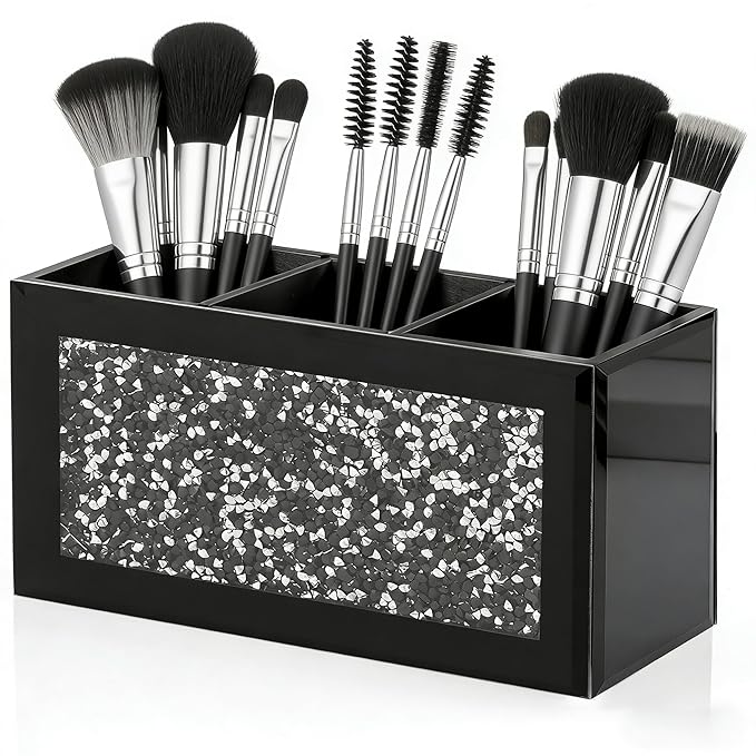 SHYFOY Black Makeup Brush Holder Organizer, 3 Slots Glass Cosmetic Brushes Storage with Crushed Diamond, Pencil Pen Holder for Desk, Desk Organizer and Accessories for Vanity
