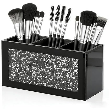 SHYFOY Black Makeup Brush Holder Organizer, 3 Slots Glass Cosmetic Brushes Storage with Crushed Diamond, Pencil Pen Holder for Desk, Desk Organizer and Accessories for Vanity