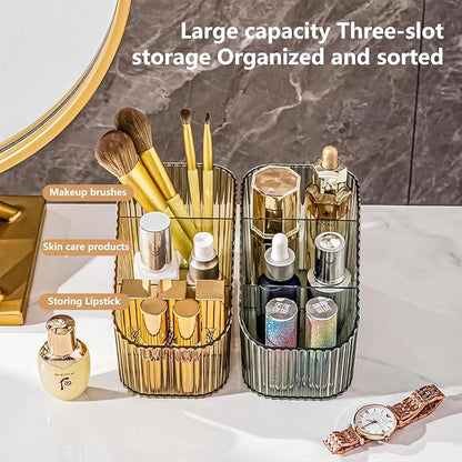 DASITON Large Capacity Makeup Brush Holder,3 Slot Makeup Brush Cup,Vintage striped Make Up Brush Holder,for Vanity Decor,Bathroom Countertops,Desk Storage Container,Cosmetic Display cases(Black-S)