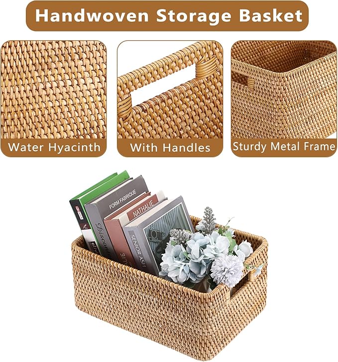Hipiwe Handwoven Wicker Basket for Organizing Natural Rattan Basket with Handles Rectangular Closet Organizer Bin Multipurpose Storage Box, 13.8" x 9.8" x 6.3"