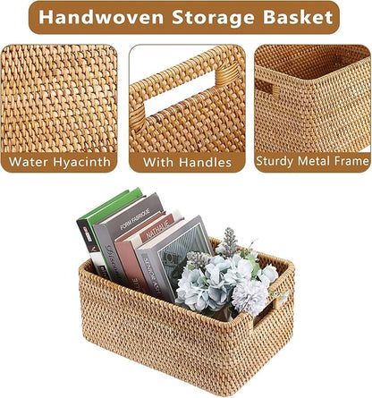 Hipiwe Handwoven Wicker Basket for Organizing Natural Rattan Basket with Handles Rectangular Closet Organizer Bin Multipurpose Storage Box, 13.8" x 9.8" x 6.3"