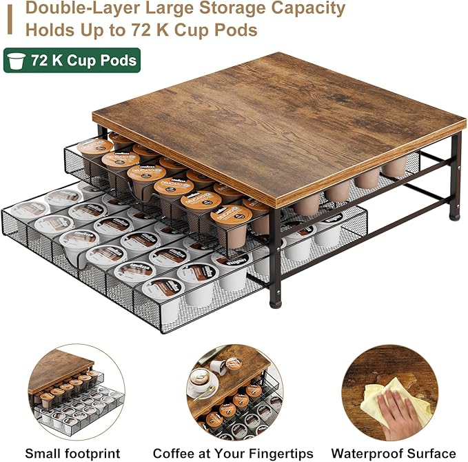 Coffee Pod Holder for K Cup Holder Drawer, 72 Capacity Coffee Pod Organizer K Cup Storage 2 Tier Pods Drawer Organizer Sliding Baskets for Coffee Station Counter, Black