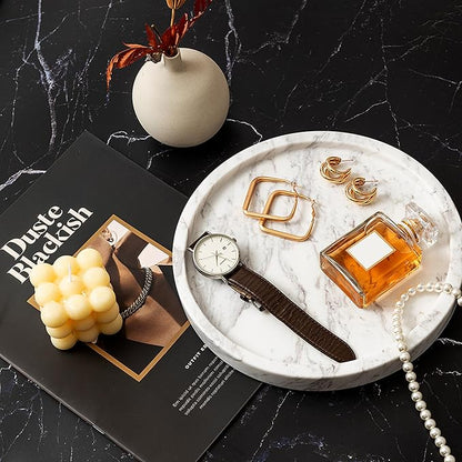 Natural Marble Decorative Tray for Bathroom Bedroom Kitchen Dresser, Round Vanity Trays for Jewelry, Perfume, Cosmetic, Candle, Countertop Storage Organizer for Home Decor Color White (TP601)