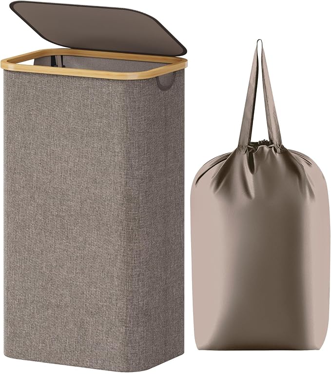 Lifewit 100L Laundry Basket with Lid, Clothes Hampers for Laundry with Bamboo Handles and 1 Removable Bag, Large Foldable Laundry Hamper for Bedroom, Bathroom, Dorm, Laundry Room, Brown